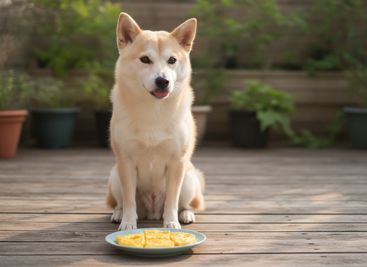 犬がオムレツの前で待つ